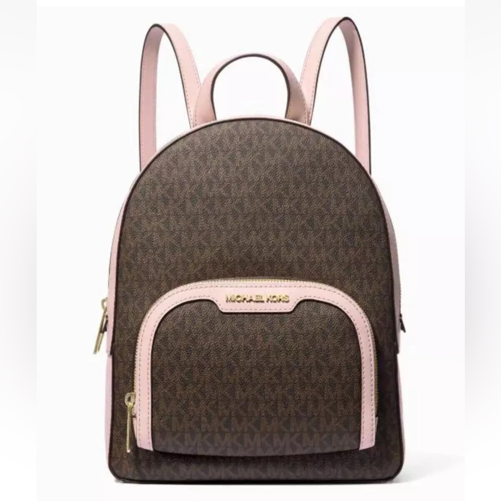 New Michael Kors Jaycee Medium Logo Backpack Brown / Powder Blush